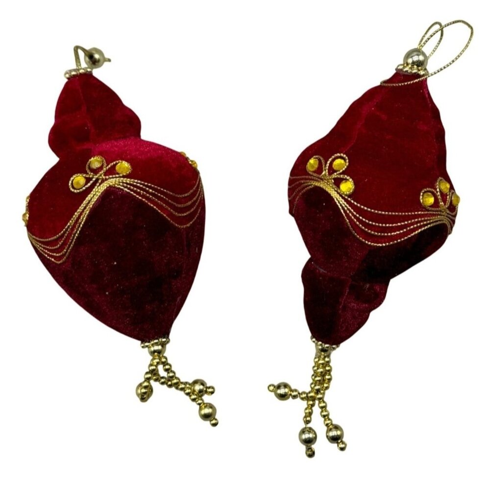 Vintage set 2 artisan beaded red velour Christmas ornaments shiny gold red READ